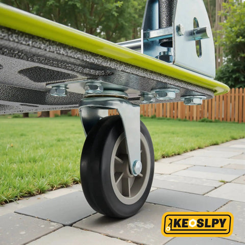 Close-up of wheel on upgraded 700 lbs capacity push cart dolly with foldable platform, two-tier heavy duty flatbed on outdoor path
