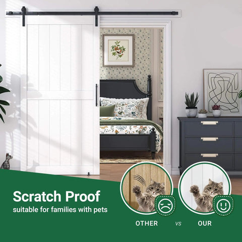 White Sliding Barn Door With 8 Foot Hardware Kit For Easy Assembly No Fuss Setup 48 By 84 Inches Waterproof PVC Surface in interior view.