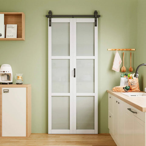 Space Saving Frosted Glass Bi Fold Barn Door With Paintable White Primed Surface 36 By 84 Inches installed in kitchen