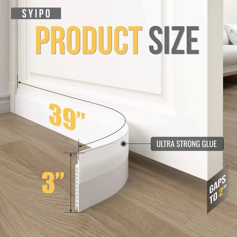 Heavy Duty Door Draft Stopper for Huge Gap 3 W X 39 L Adjustable Under Door Seal for Exterior and Interior Doors with Super Wide Backing Adhesive Soundproof Insulator Weather Stripping Door Sweep 1 Pack White installed on a door.