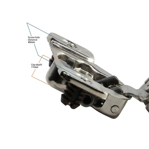 Close-up of Beefy One And One Quarter Inch Overlay Soft Close Cabinet Hinge with annotations showing screw hole distance and cap depth.