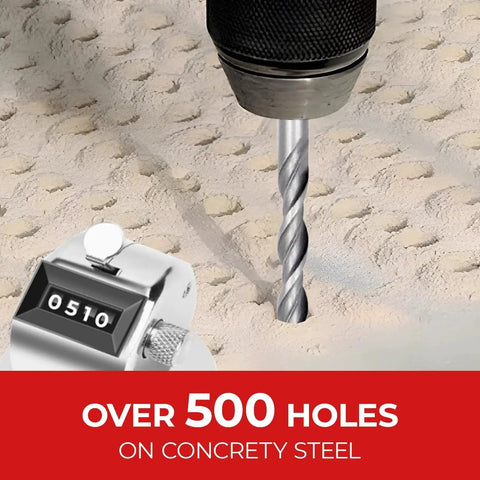 SDS Plus Rotary Hammer Drill Bit Set For Concrete And Masonry, Ten Piece, Three Sixteenths Inch Diameter By Six Inch Length Bits With Durable Alloy Tips For Brick Cement Stone And Fast Drilling, drilling into a surface with a counter showing 510 holes, no emojis or additional marketing text included.