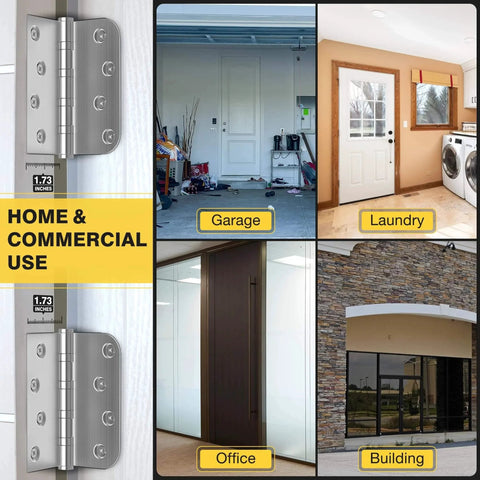 Ball Bearing Door Hinges 4x4 Inches Square Corner Five Eighths Radius Heavy Duty Stainless Steel Brushed Nickel shown in diverse home and commercial settings.