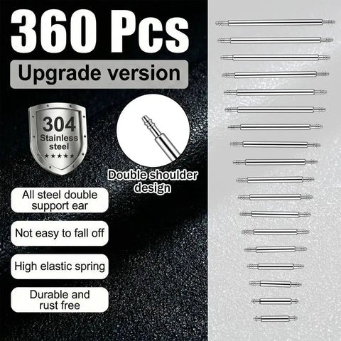 Diagram of Stainless Steel Watch Band Pins Kit With Link Pin Remover Tool 360 Pcs 18 Sizes Range From 8mm To 25mm Durable Spring Bar Repair Set For Pro Watchmakers And DIYers.