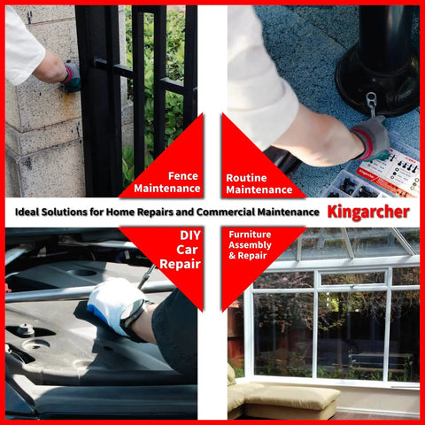 Image collage showing various maintenance tasks: fence repair, routine maintenance, DIY car repair, and furniture assembly.