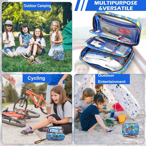 Grab And Go Travel First Aid Kit For Kids And Adults, 143-Piece shown in use for camping, cycling, and outdoor play.