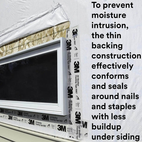 All-Weather Adhesive Flashing Tape 8067 sealing window in wood frame construction, 3 in x 75 ft roll, split liner waterproof seal.