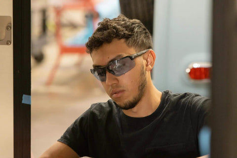 Tacana ANSI Z87.1 Safety Glasses for Men With Anti Fog Lenses shown worn during work in an outdoor task setting