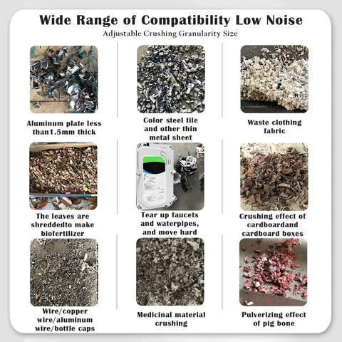 Examples of materials shredded by Beast Mode Heavy Duty Biaxial Shredder Machine With 7500W Four Stage Motor for diverse waste types.