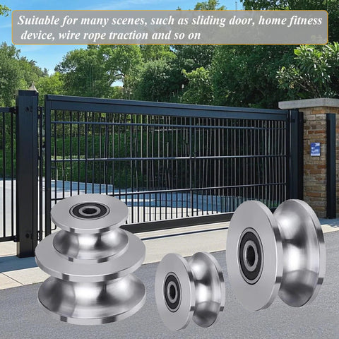 Stainless Steel U Groove Gate Roller Kit For Barn Doors Beefed Up Heavy Duty Cable Pulley Block With Bearing Quiet Smooth Sliding 4.8 cm Wheel U Shaped Rail Wheel Plate Caster For Gate Track System in front of a metal gate