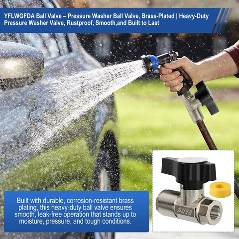 Ball valve for pressure washer, DN10, brass-plated, heavy-duty 3/8 inch valve with black handle.