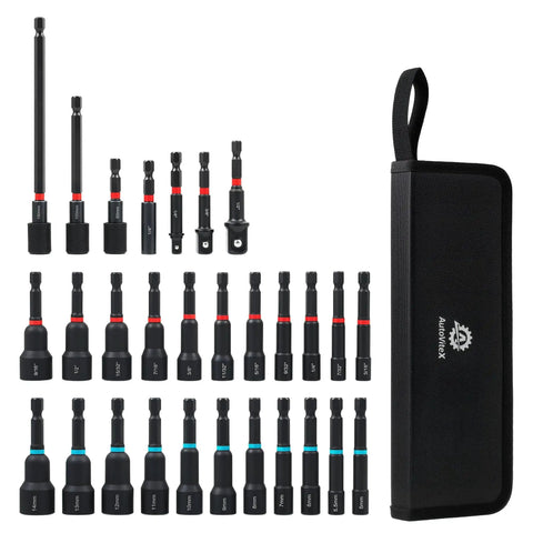 29-Piece Magnetic Nut Driver Set With 1/4 Inch Hex Shank SAE And Metric Cr-V Steel, storage case visible, close-up view of tools.