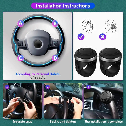 Installation instructions for Spinner Knob Steering Wheel Buddy With 360 Degree Rotation For Easy Driving Silicone Surface And Metal Bearings Replaceable Quick Release Grip For Cars Trucks Boats Pack Of 2 Bundle