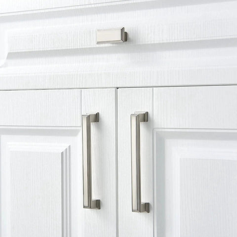 Long Cabinet Handle Set 10 Pack Brushed Satin Nickel Die Cast Zinc Solid Metal Drawer Pulls installed on white kitchen cabinets