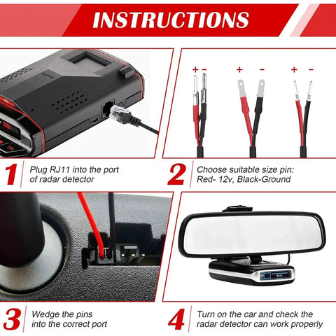 Installation instructions for 14 Inch Upgraded Mirror Wire Tap Radar Detector Hardwire Power Cord Kit with Braided RJ11 Mount