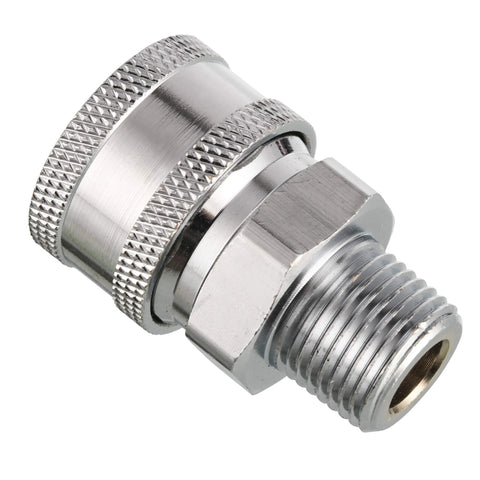 Chrome-plated 3/8 inch quick-disconnect fitting with knurled collar for high-pressure power washer hose.