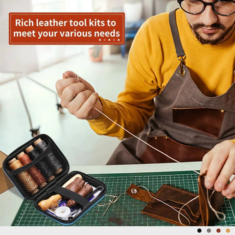 Pro Grade Beefed Up Leather Sewing Kit For Hand Stitching With Durable Needles, Waxed Thread, Awl, Thimble Ruler Toolkit in Use
