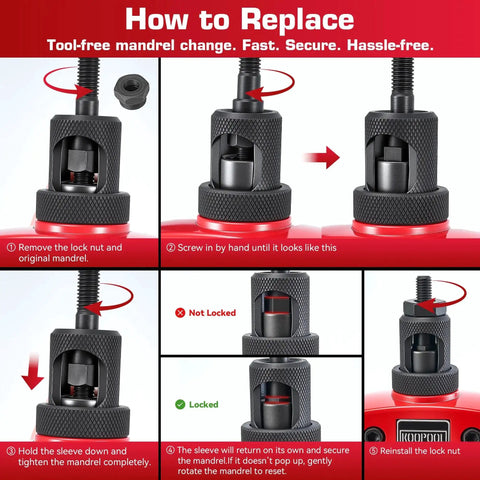 Instructional image on how to change mandrels for 14 Inch Rivet Nut Tool Kit With 7 Mandrels And 70 Rivet Nuts Heavy Duty Nutsert Set