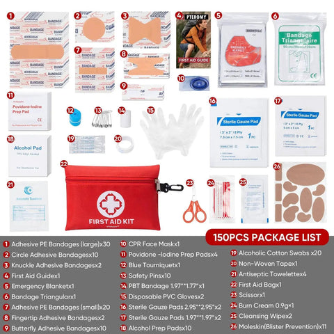 Portable 150 Piece Mini First Aid Kit For Car Travel Home And Outdoor Adventures with bandages, wipes, and scissors in red pouch.
