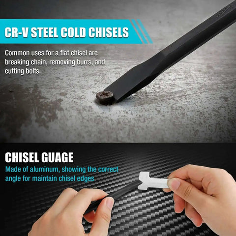 CR-V steel cold chisel and chisel gauge from 18 Piece Punch And Chisel Set For Woodworking And Metalworking Pro Grade Tools For DIYers.