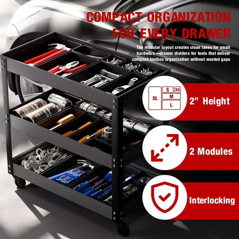 16 Piece Small Parts Tool Box Organizer Trays Set for tool box drawer storage, shown in garage workbench with tools and screws.