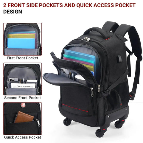 Underseat Rolling Backpack With Wheels For Air Travel Airline Approved Personal Item 18x14x8 with front pockets open