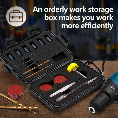 Spot Weld Cutter Set 34 Piece Double Sided Three Eighth Inch HSS with storage case and tools displayed on table