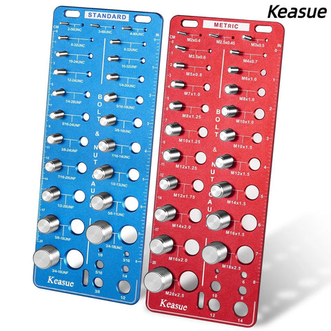 Thread Checker Kit For Nuts And Bolts 56 Piece Gauge With 44 Thread Sizes In Both Male And Female Standard And Metric Includes 12 Drill Bit Holes And Inch Centimeter Rulers For Quick Size Identification And Easy Nut Bolt Fitting shown in blue and red gauge boards.