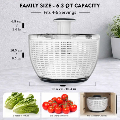 Big Ol 6.3 Qt Salad Spinner With Fully Removable Lid One Hand Press Pump Instant Stop Brake Button Retractable Handle Large Lettuce Dryer For Greens And Herbs Perfect For Family Meals And Meal Prep, showing size and capacity.