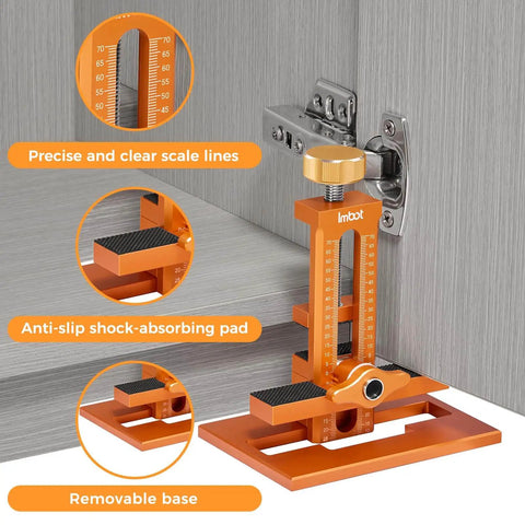 Orange Three In One Cabinet Door Mounting Jig With Base for Frameless and Framed Cabinets next to cabinet hinge