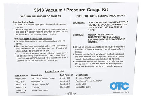 Vacuum And Pressure Gauge Kit instructions and parts list for low pressure fuel systems diagnostics, showing testing procedures.