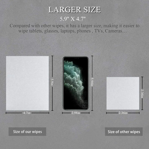 Comparison of Streak Free Monitor Cleaning Wipes For Electronics Screens And Glasses with other wipes, showing larger size.