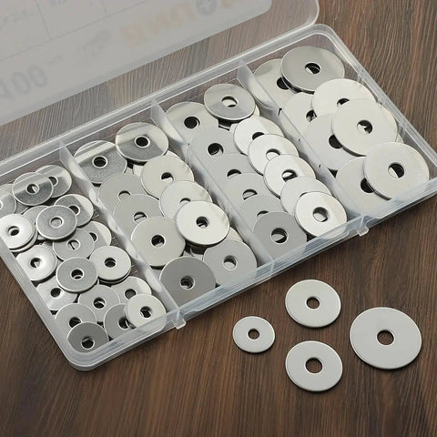 100 Piece Fender Washer Kit For Screws And Bolts Thickened 304 Stainless Steel, Assorted Sizes 8, 10, 1/4 Inch in compartment box
