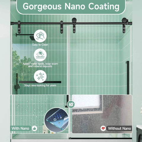 Frameless Bathtub Sliding Shower Door With Barn-Style Exposed Roller System, nano coating comparison on 8mm tempered glass