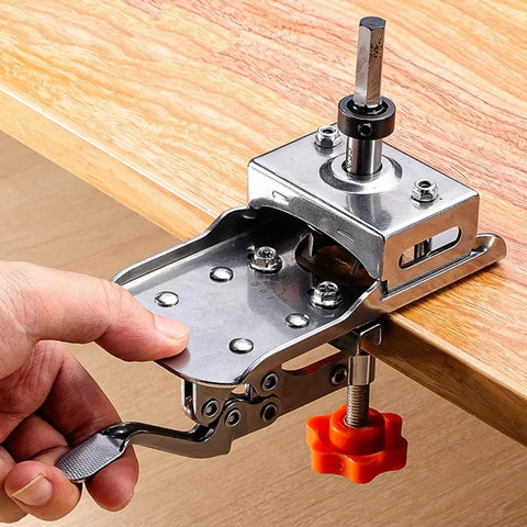 35mm Hinge Boring Hole Opener for Woodworking Drilling Guide Locator with Triangle Edged Hinge Opener Stainless Steel Hole Puncher in use