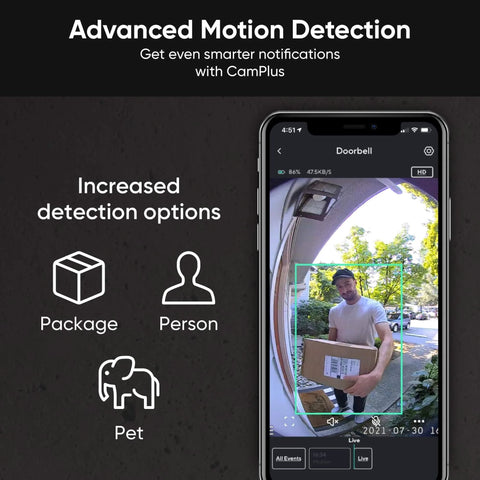 Smartphone displaying advanced motion detection with Wireless Video Doorbell Pro With 1440 HD Video, Night Vision, 2-Way Audio, And One-To-One Head-To-Toe View, Chime Included, Screw-Free 30-Second Setup Or Optional Hardwired Installation, Weatherproof Doorbell Camera For Clear Front Door Monitoring app.