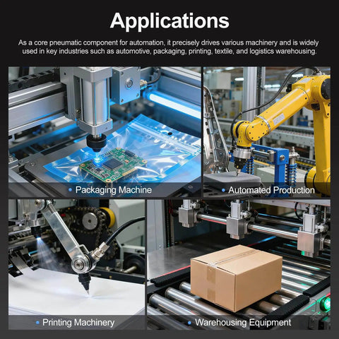 Applications of 4 Station Solenoid Valve Manifold for Pneumatic Systems in packaging, automated production, printing, and warehousing.