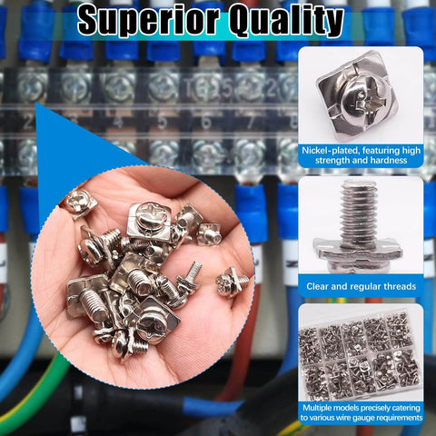 Heavy Duty Terminal Block Screws Kit 215 Pieces M3 M3.5 M4 M5 Nickel Plated With Square Washers shown with electrical panel