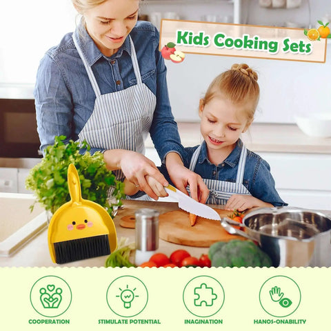 Kids Safe Kitchen Knife Set For Toddlers And Kids, 14 Piece Montessori Style Play Knife Set in use on kitchen counter