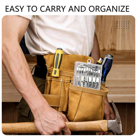 Person holding a tool belt with screwdrivers and Heavy Duty Metal Drywall Anchor Kit With Toggle Bolts And Wing Nuts In Three Sizes.