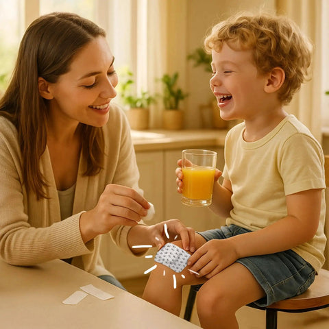 Mother applying Eco First Aid Kit with hypoallergenic bamboo bandage for sensitive skin to child's knee in a kitchen setting.