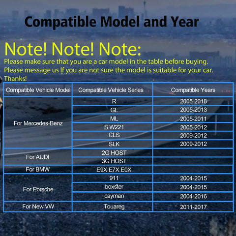 LEXXSON wireless optic fiber decoder compatibility chart for Mercedes-Benz, Porsche, Audi, BMW and VW models and years