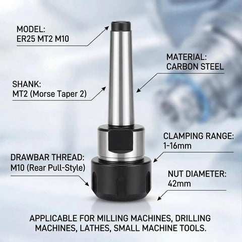 MT2 To M10 Taper Collet Chuck Holder Face Milling Arbor Adapter For CNC Machining with specifications display
