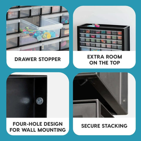Small Parts Storage Cabinet With 44 Drawer Organizer For Screws Nuts Bolts Electronics Hardware Beads Crafts And More, Built Tough Made In USA Stackable Black Boss Grade, close-up of drawer stopper and wall mounting design.