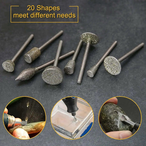 Pro Grade Diamond Burr Set For Rotary Tools 32Pc 1/8 Inch Shank Grinding And Engraving Bits displayed with usage examples