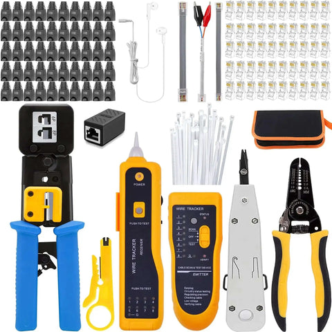 Pro Grade RJ45 Cat6 Crimp Tool Set With Pass Through Connectors For Ethernet Cabling Includes 50 Crimp Heads 50 Connector Covers 100 Cable Ties Stripper Pliers Punch Down Tool And Carry Case For Quick DIY And Professional Installations