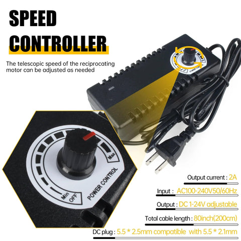 Speed controller for Reciprocating Linear Actuator 24V DC with adjustable stroke, showing power control knob and plug.