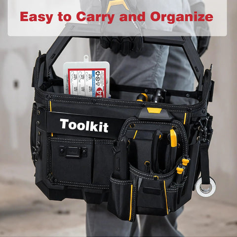 Man holding toolkit bag with 144 Piece Clevis Pin And Cotter Pin Kit With 15 Sizes Zinc Plated Flat Head Pins R Clips Hair Pin Assortment visible inside