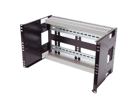 Front view of Beefy 6U Din Rail Panel for standard 19 inch server racks, adjustable height with 14 gauge steel, removable DIN rail and PVC duct.