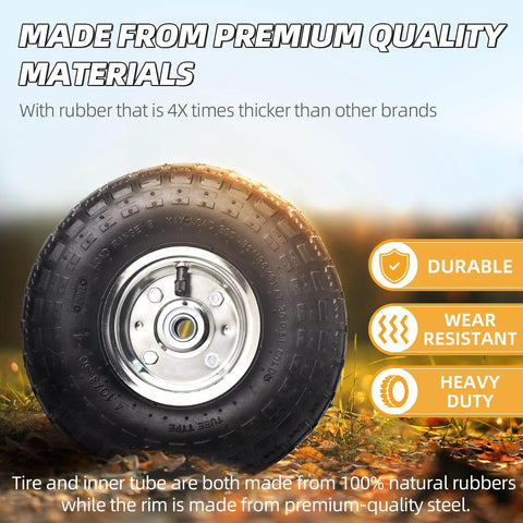 4 Pack 10 Inch Tough As Nails Replacement Tire And Wheel For 4.10/3.50-4 With 10 Inch Inner Tube on grass, focus on durability features.